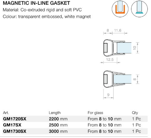 Left inline magnetic shower seal for 8/10mm glass, L3000mm